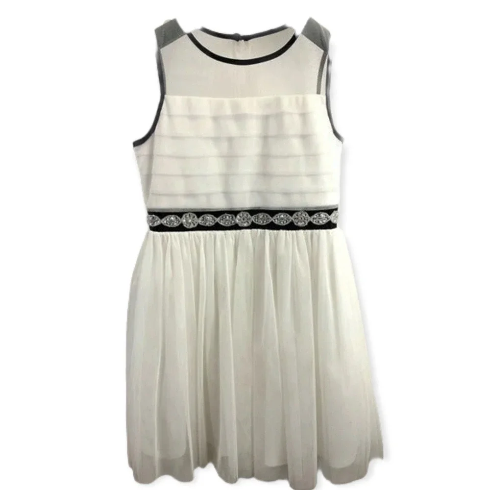 Sequin Hearts Girls 10 White Tulle Rhinestone Fit Flare Flower Girl Party Dress